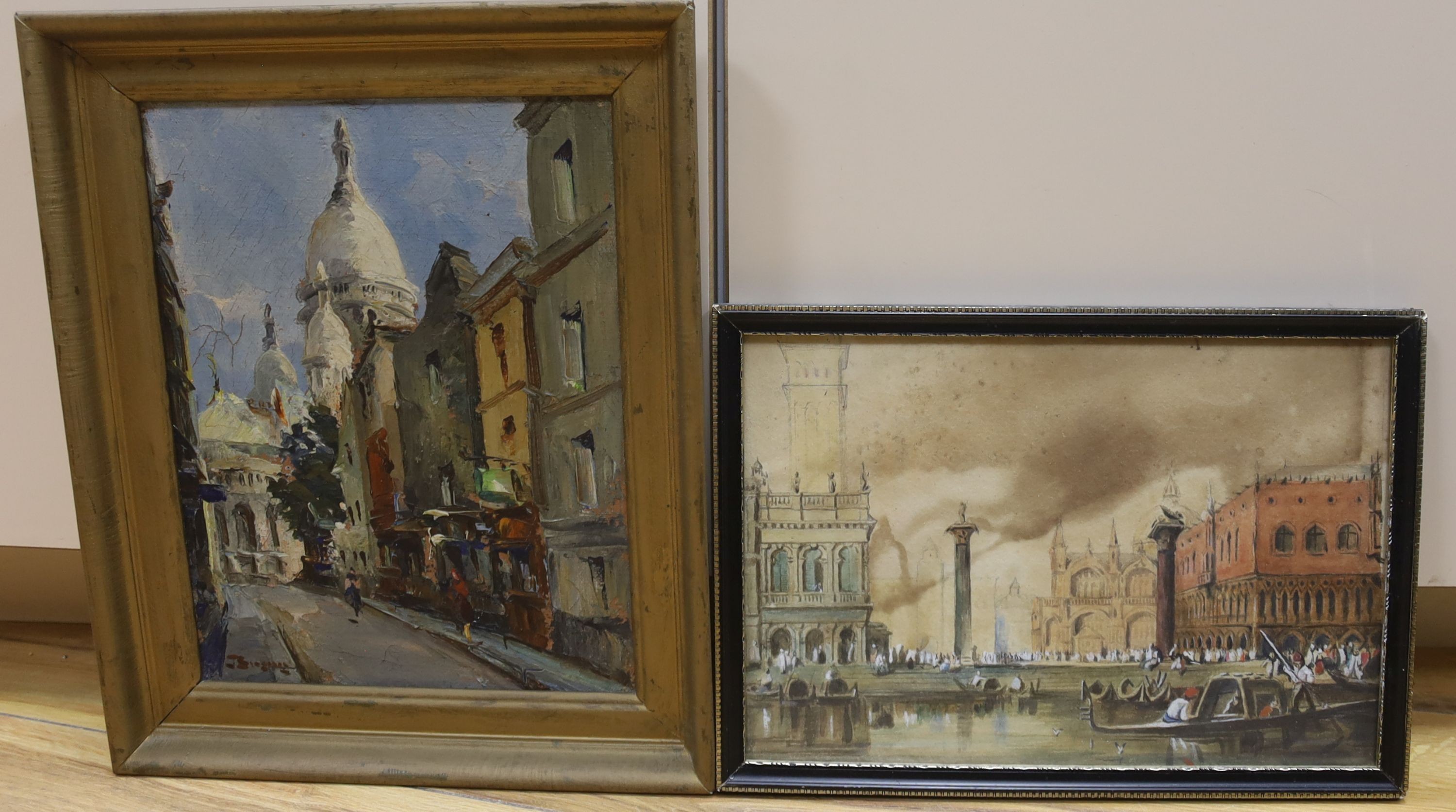 French School (20th century), oil on canvas, View of the Sacre Coeur, indistinctly signed, 23 x 18cm, and a small watercolour of The Grand Canal and St Mark’s Square, 17 x 25cm